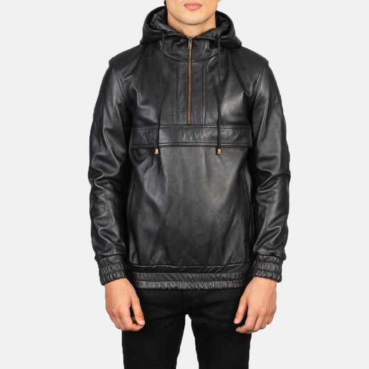 Hooded Black Sheepskin Leather Pullover Jacket