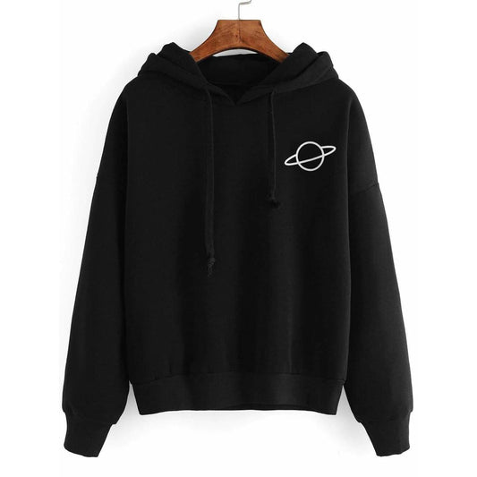 Black Planet Printed Fleece Full Sleeves Pull Over Hoodie For Women