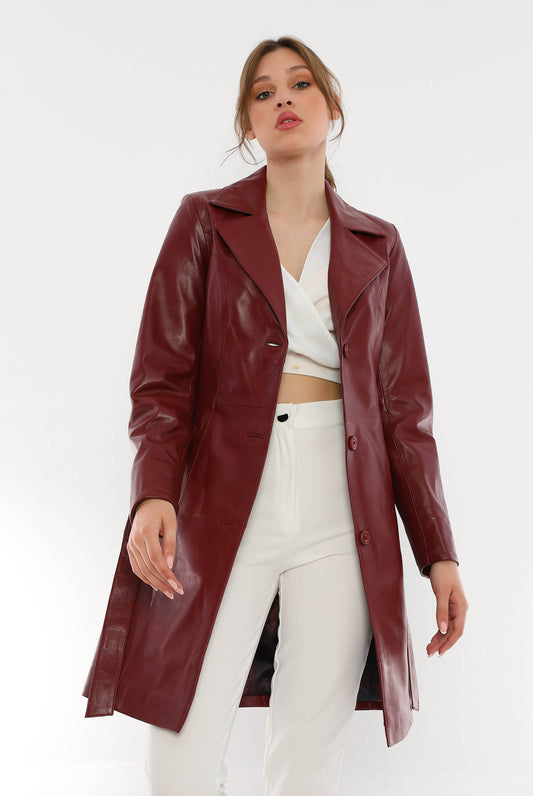 Migissi Maroon Leather Trench Coat For Women's