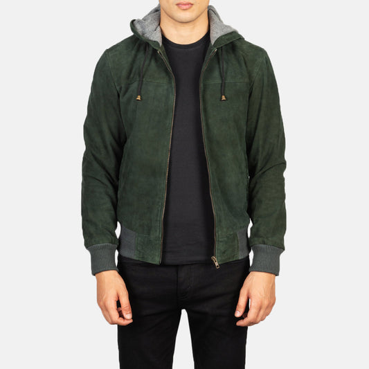 Men's Green Hooded Suede Bomber Jacket