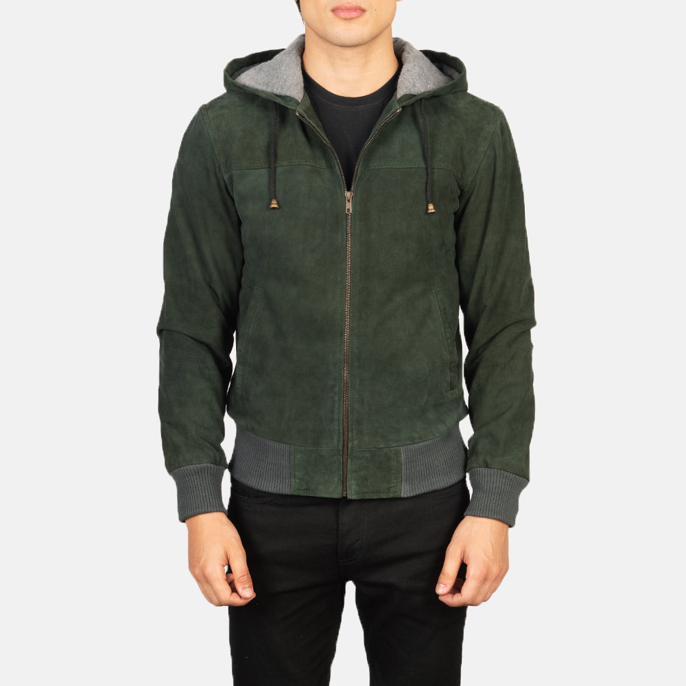 Men's Green Hooded Suede Bomber Jacket