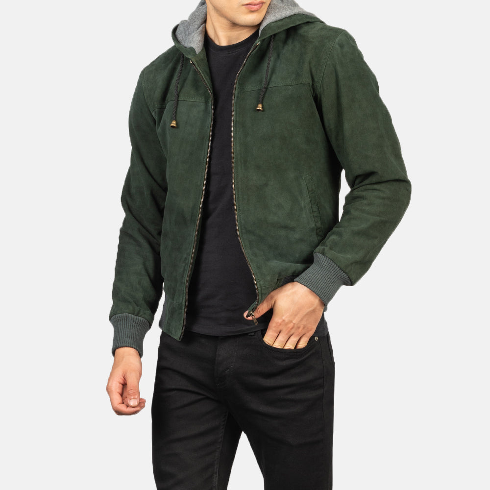 Men's Green Hooded Suede Bomber Jacket