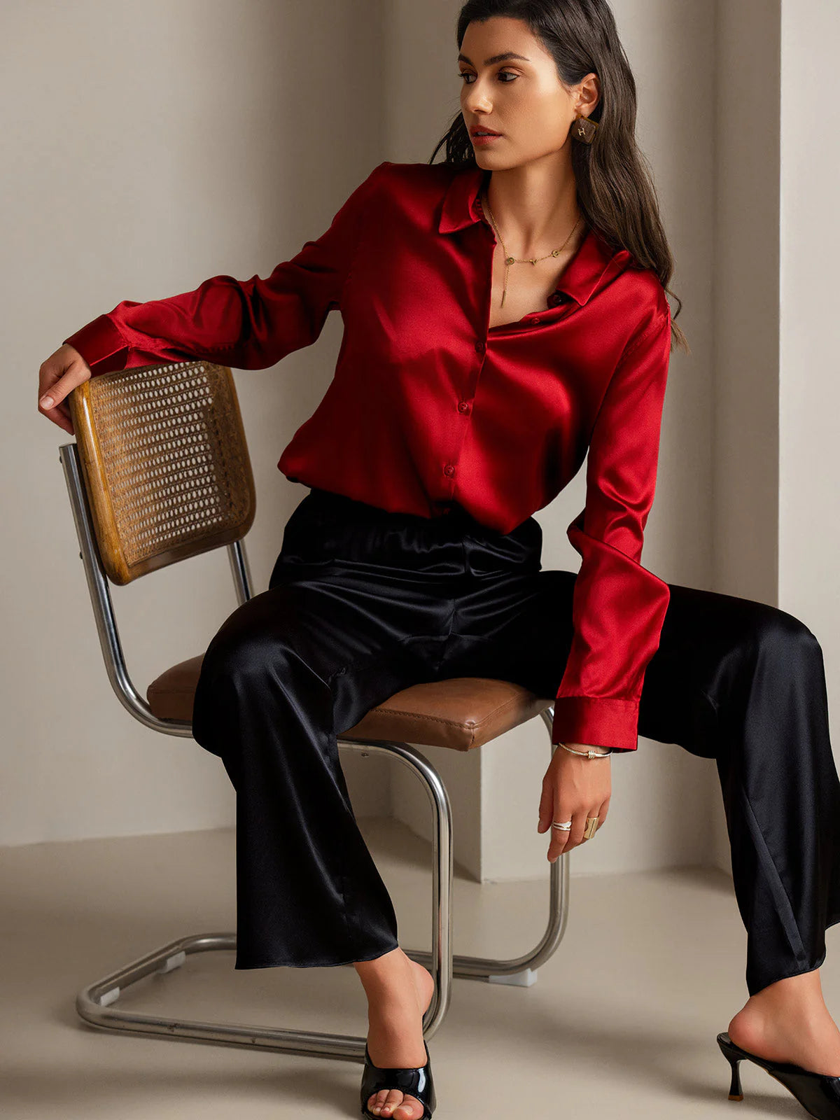 Red Silk Long Sleeve Lapel Collar Women's Shirt