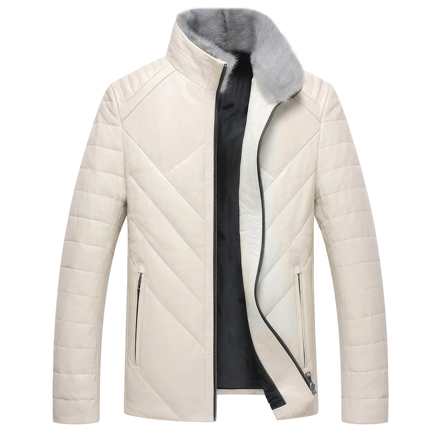 Men's Off-White Genuine Sheepskin Faux Fur Collar Quilted Shoulders Padded Thick Winter Warm Puffer Leather Jacket - Front View - AceCart