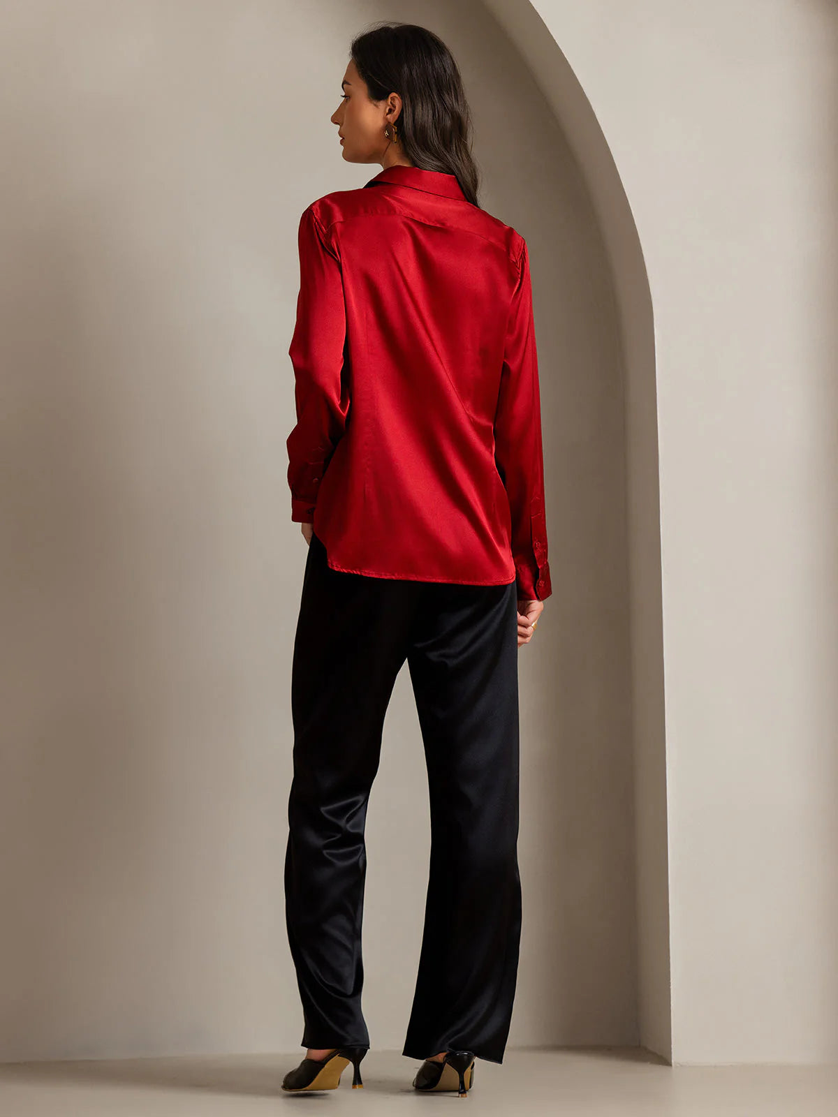 Red Silk Long Sleeve Lapel Collar Women's Shirt