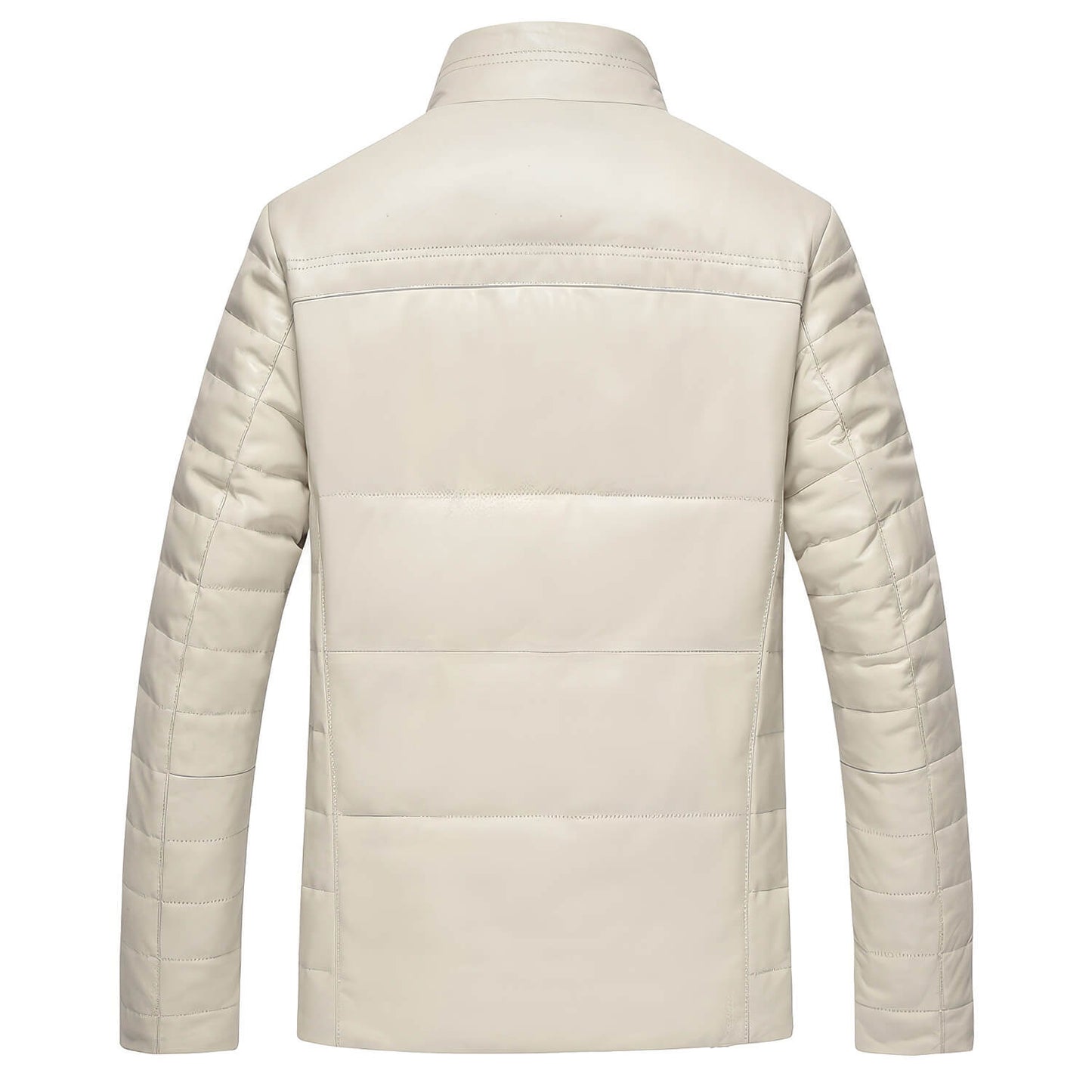 Men's Off-White Genuine Sheepskin Faux Fur Collar Quilted Shoulders Padded Thick Winter Warm Puffer Leather Jacket - Back View - AceCart