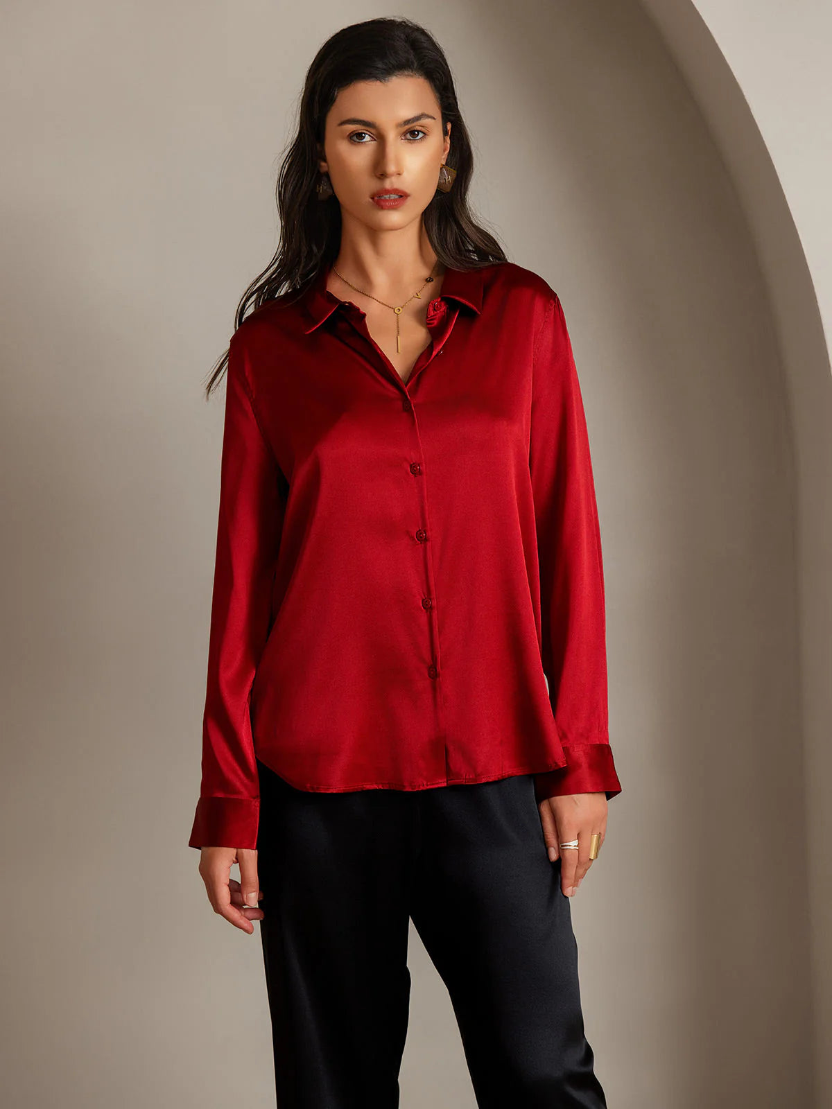 Red Silk Long Sleeve Lapel Collar Women's Shirt