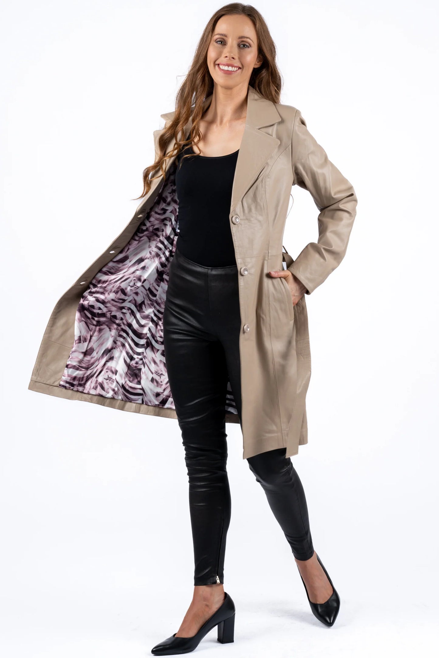 Migissi Beige Leather Trench Coat For Women's