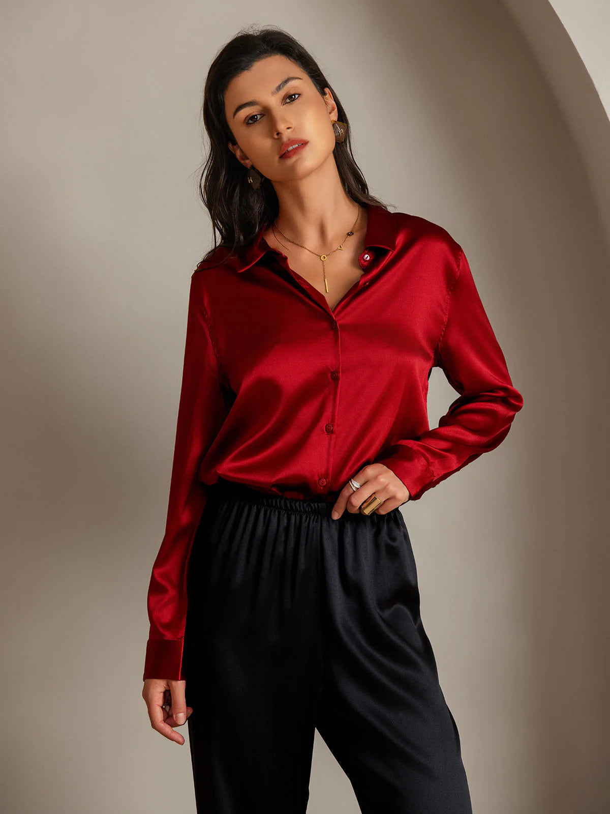 Red Silk Long Sleeve Lapel Collar Women's Shirt
