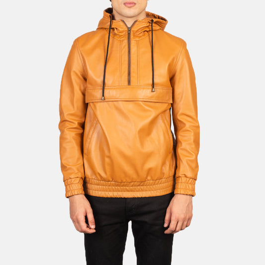 Men's Hooded Brown Leather Pullover Jacket