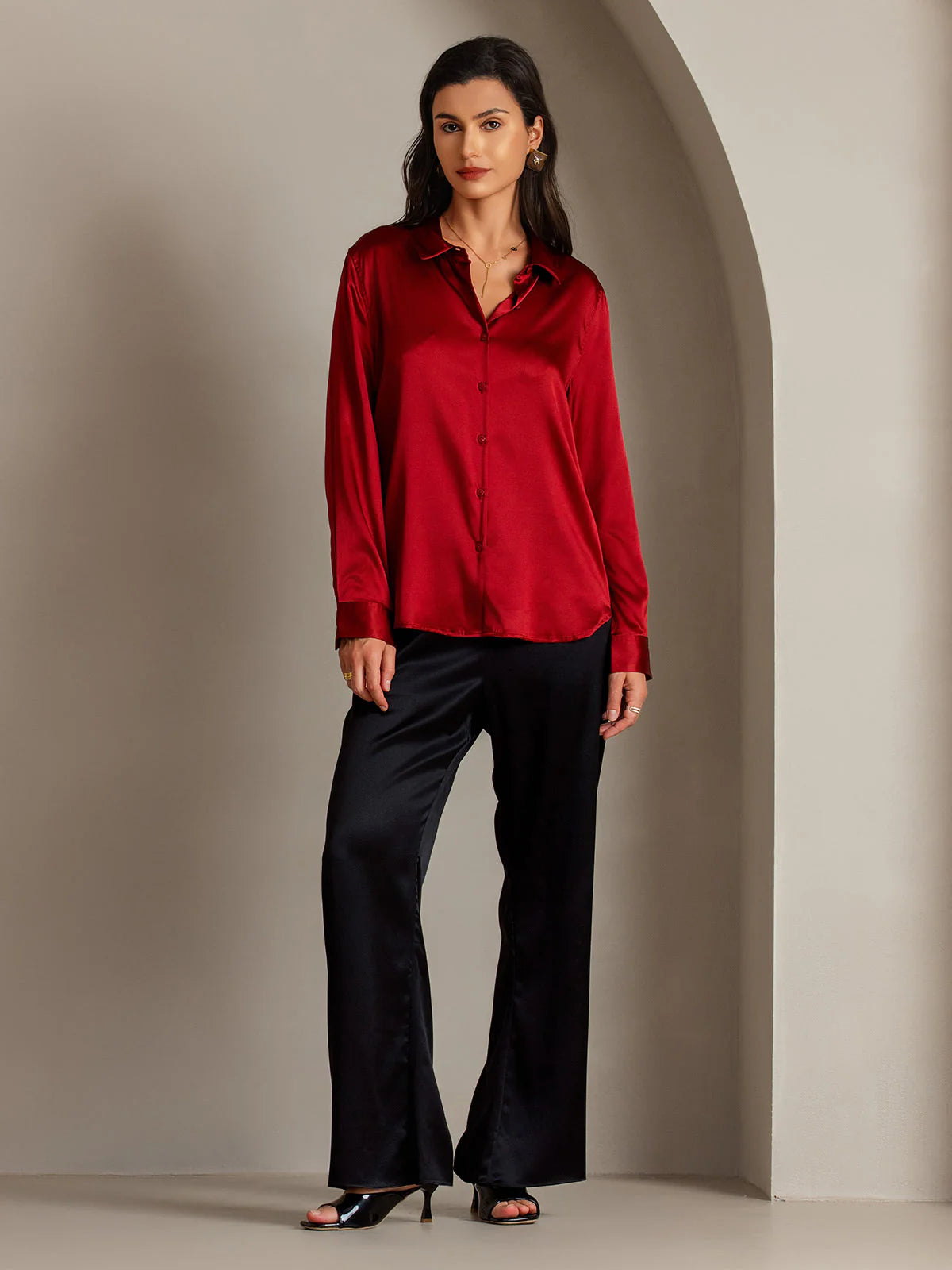 Red Silk Long Sleeve Lapel Collar Women's Shirt