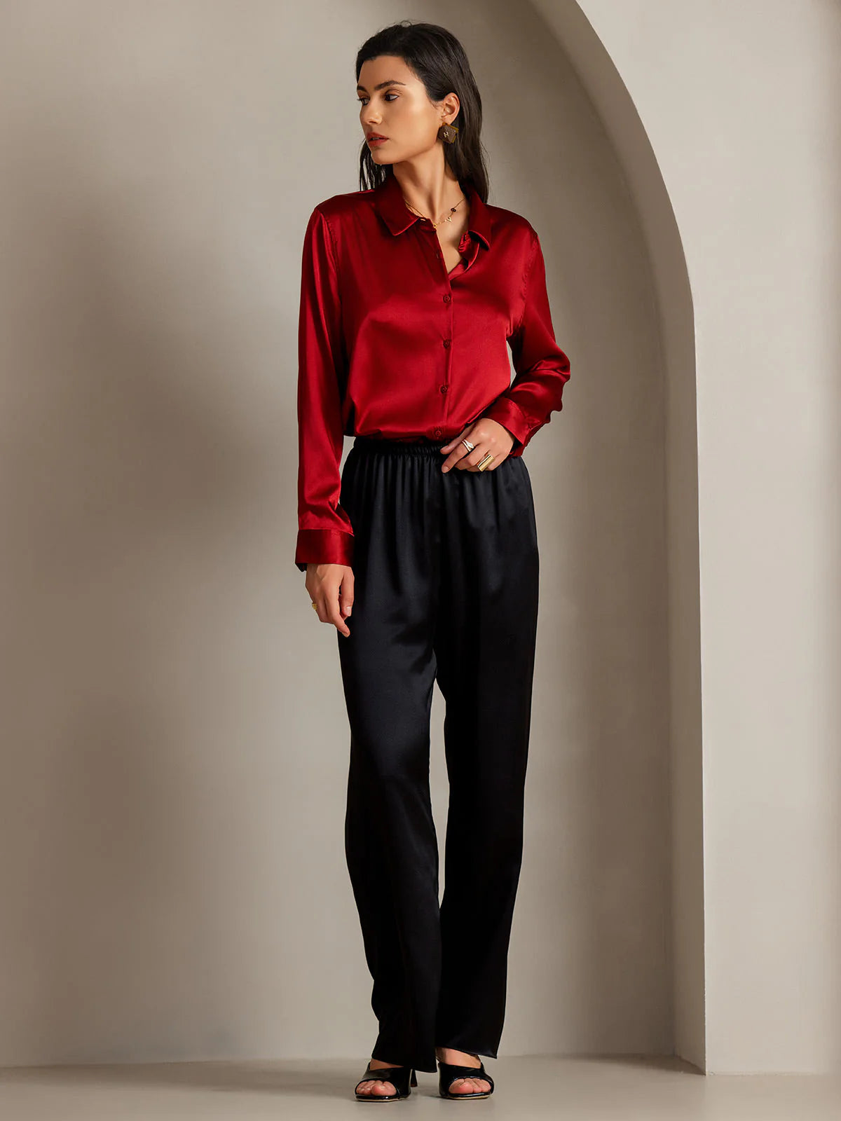 Red Silk Long Sleeve Lapel Collar Women's Shirt