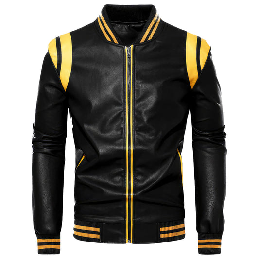 Men's Black Biker Genuine Sheepskin Sporty Slim Fit Yellow Stripes Rib Knit Bomber Motorcycle Rider Leather Jacket - Front View - AceCart