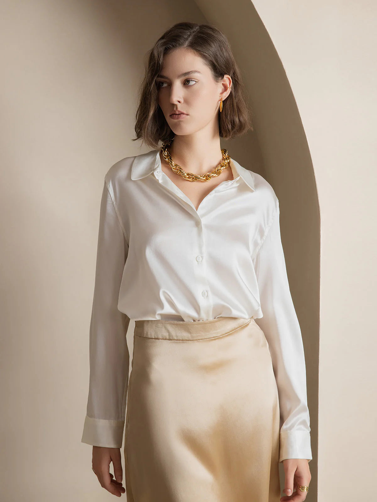 White Silk Long Sleeve Lapel Collar Women's Shirt