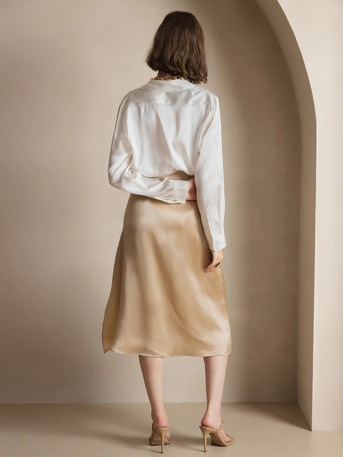 White Silk Long Sleeve Lapel Collar Women's Shirt