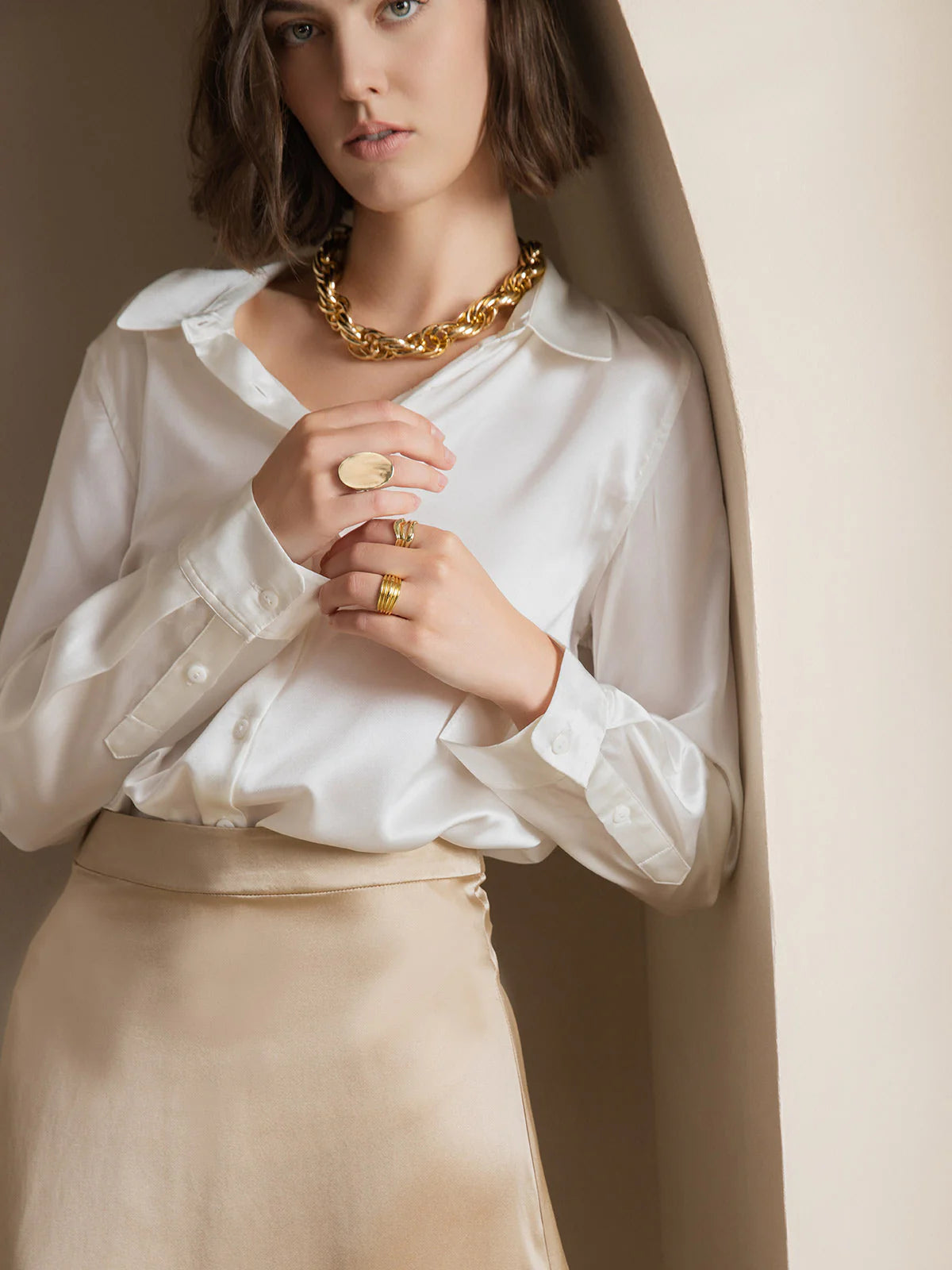 White Silk Long Sleeve Lapel Collar Women's Shirt