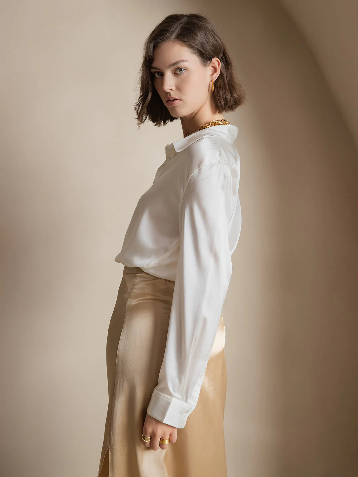 White Silk Long Sleeve Lapel Collar Women's Shirt