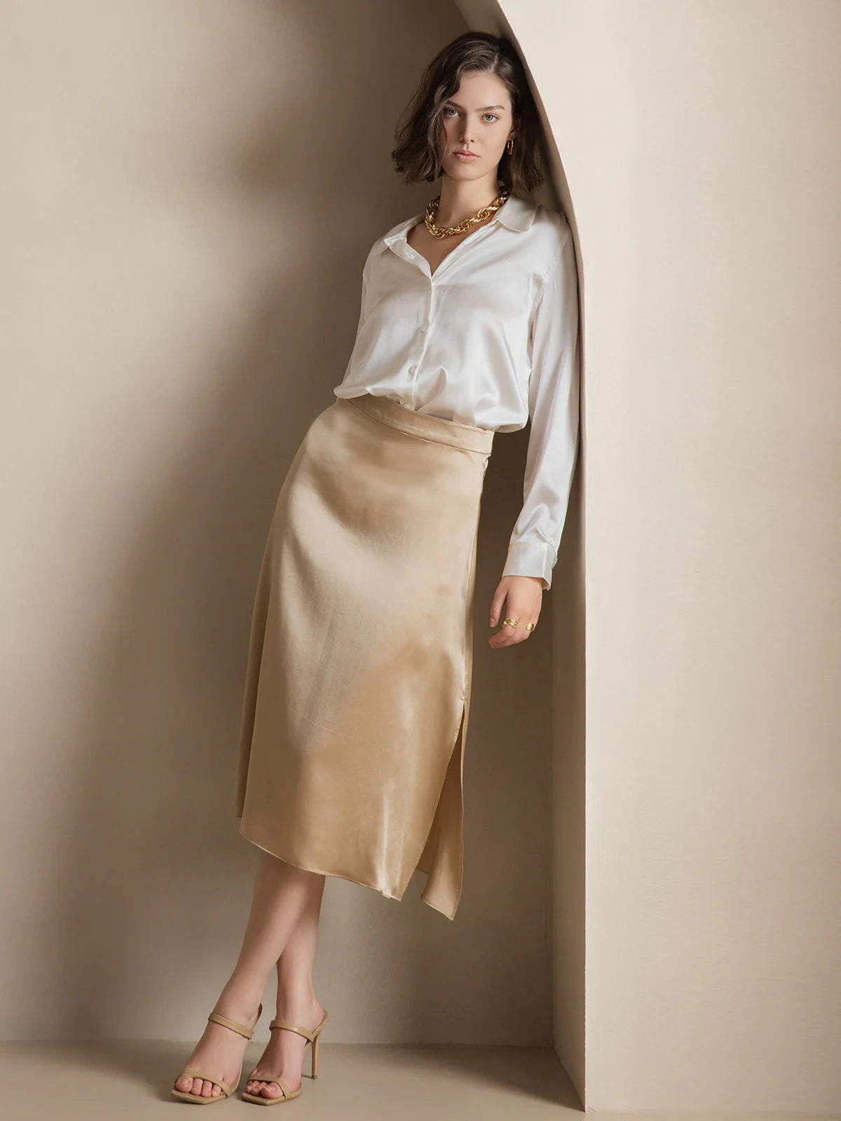 White Silk Long Sleeve Lapel Collar Women's Shirt