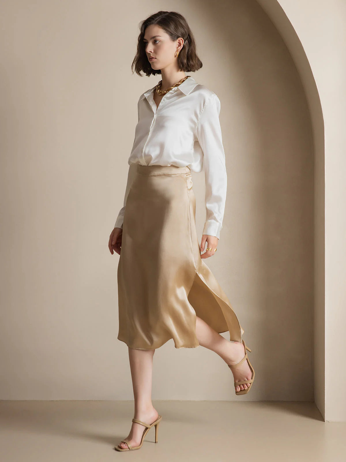 White Silk Long Sleeve Lapel Collar Women's Shirt