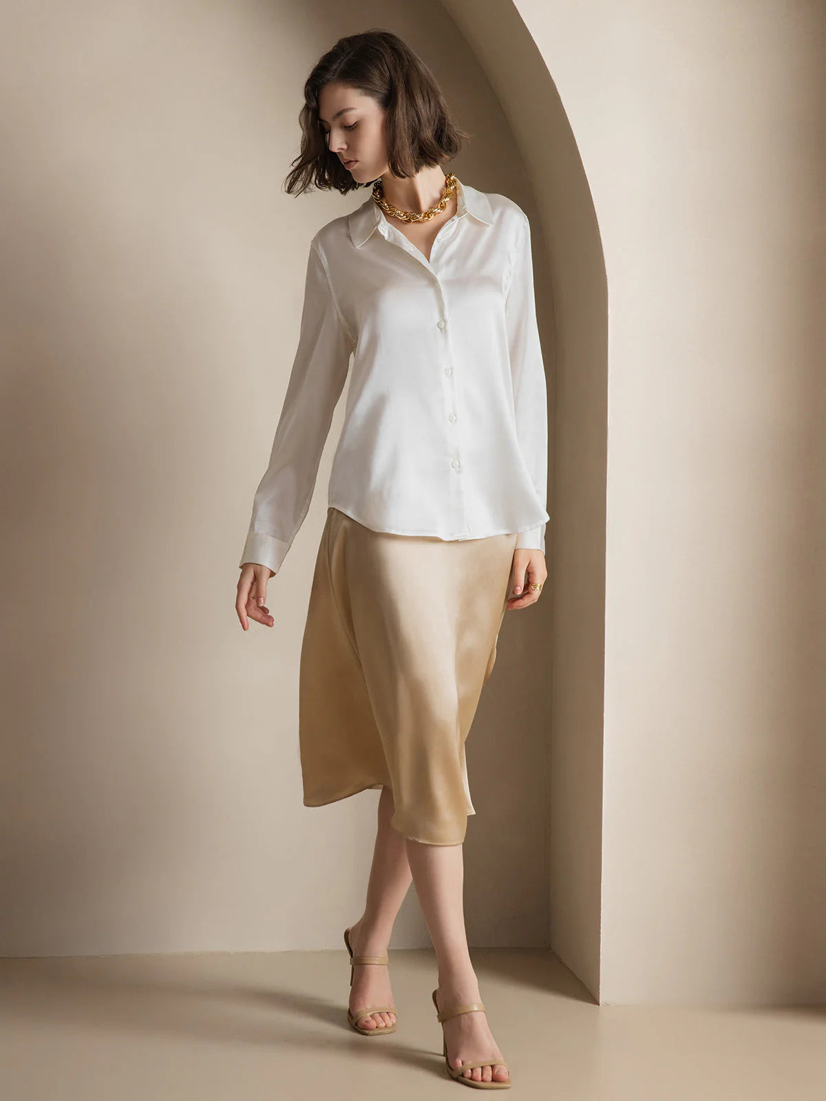 White Silk Long Sleeve Lapel Collar Women's Shirt