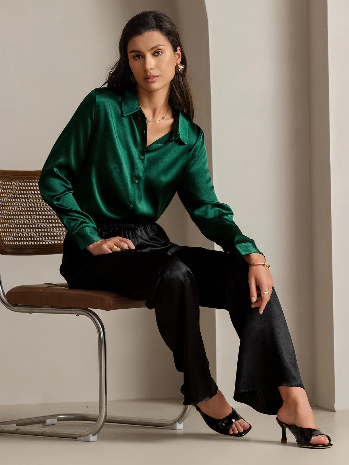 Dark Green Silk Long Sleeve Lapel Collar Women's Shirt