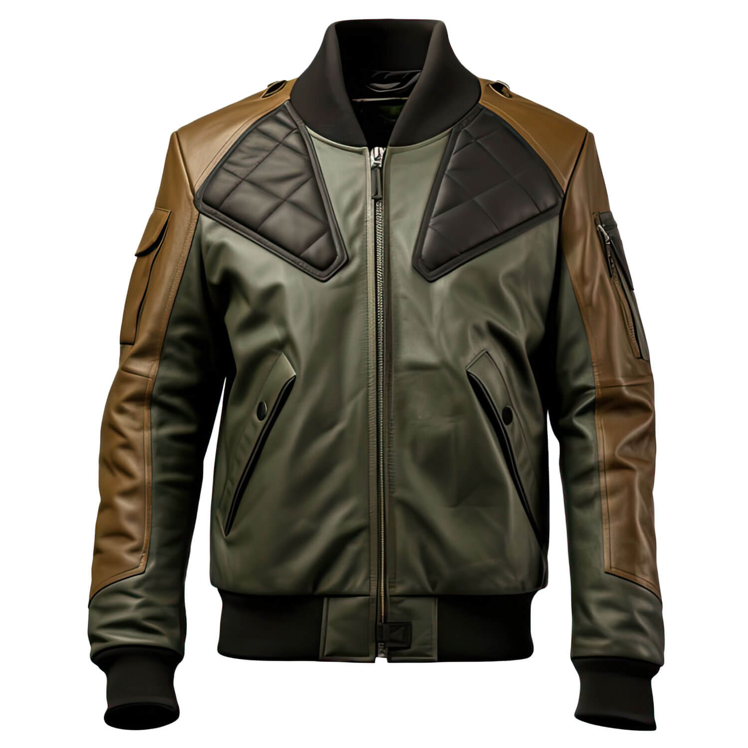 Men's Olive Green Brown Genuine Sheepskin Baseball Collar Classy Casual Sportswear Bomber Leather Jacket - Front View - AceCart