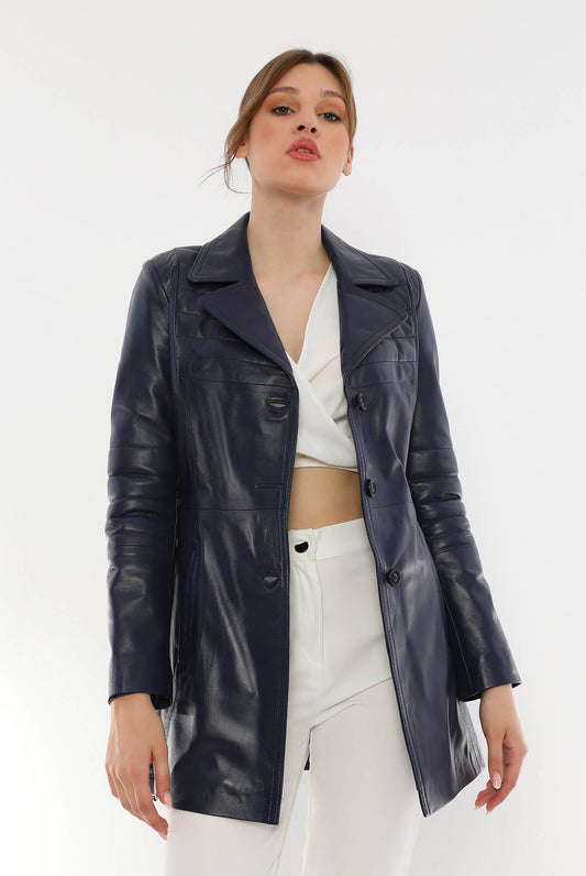 Jessica Blue Leather Trench Coat For Women