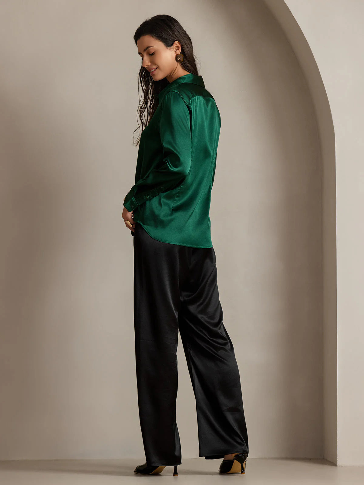 Dark Green Silk Long Sleeve Lapel Collar Women's Shirt