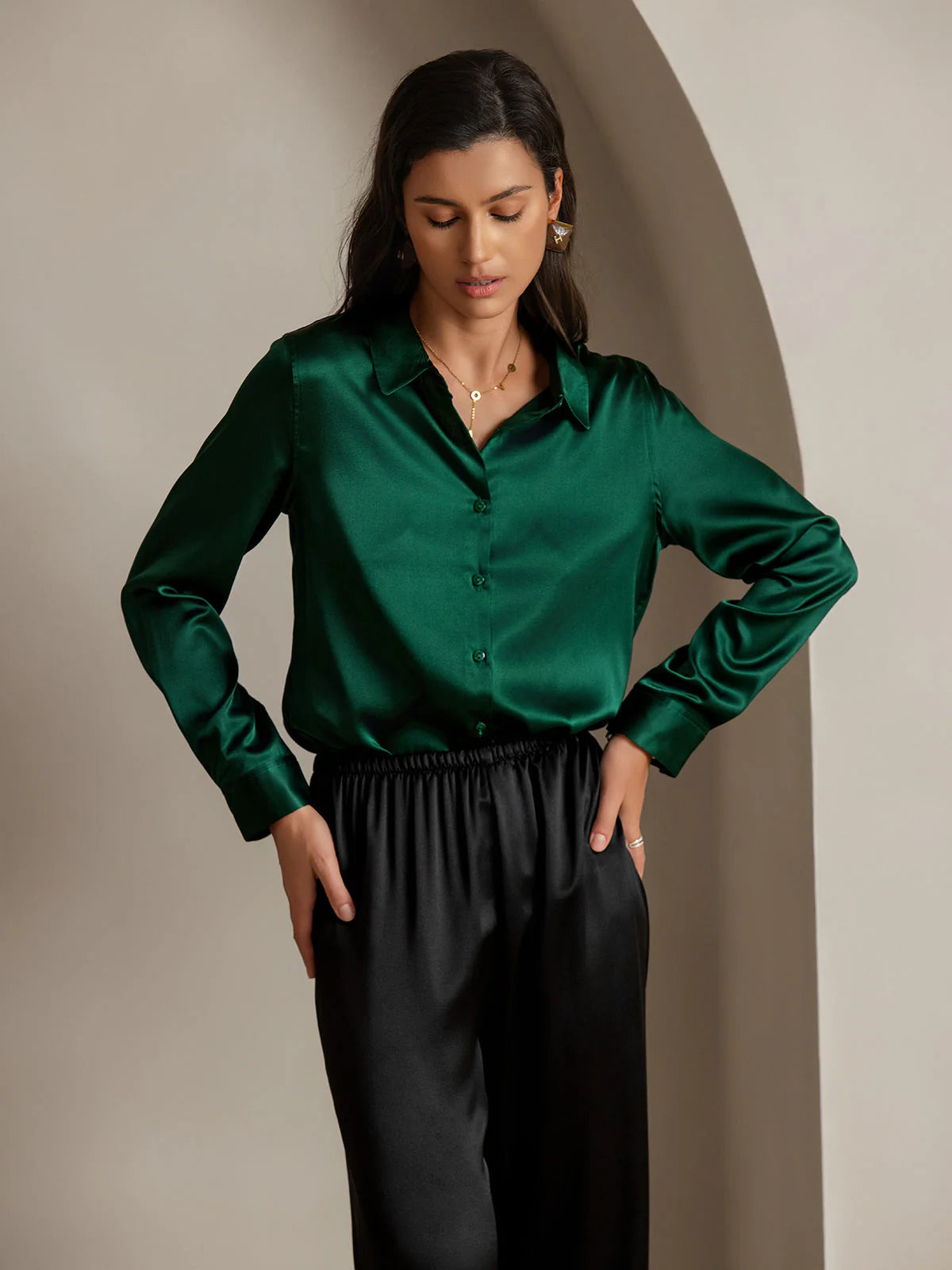 Dark Green Silk Long Sleeve Lapel Collar Women's Shirt