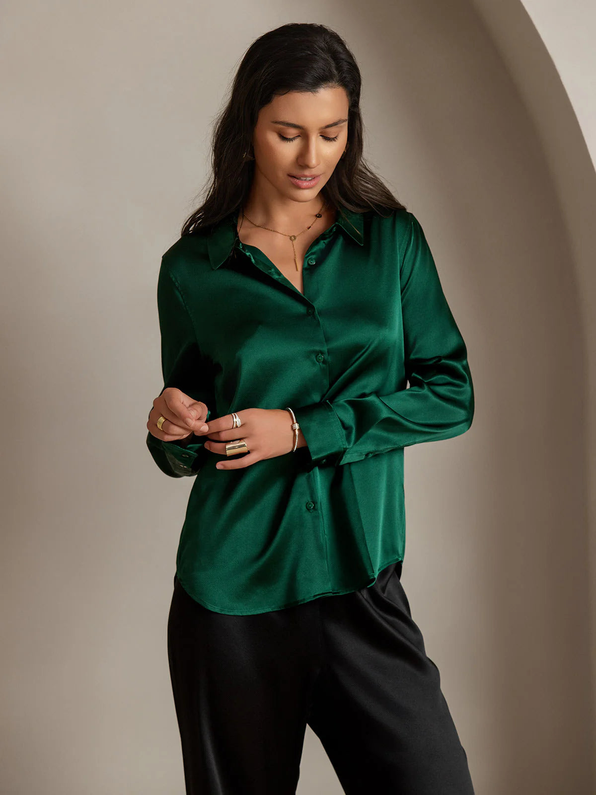 Dark Green Silk Long Sleeve Lapel Collar Women's Shirt