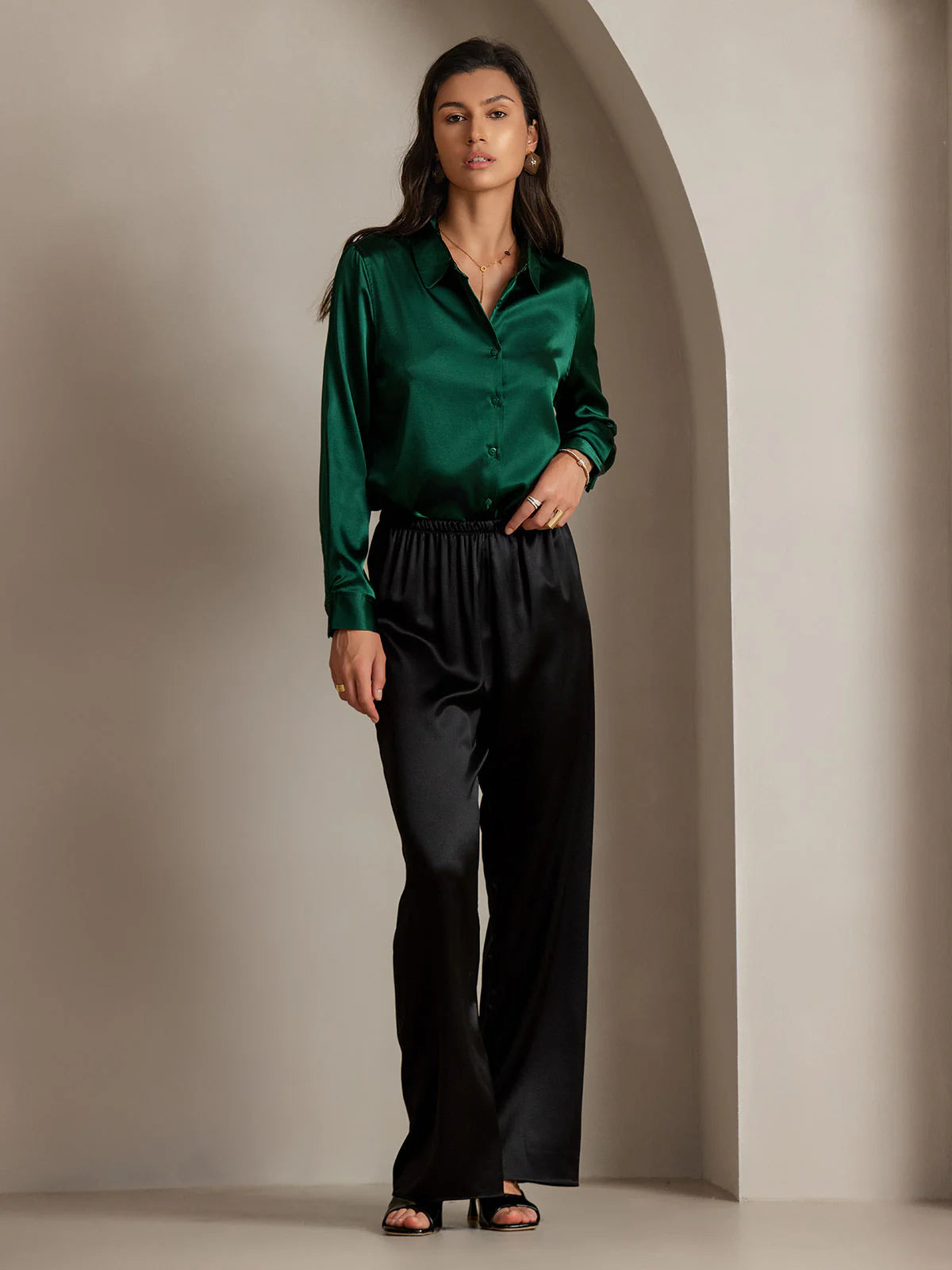 Dark Green Silk Long Sleeve Lapel Collar Women's Shirt