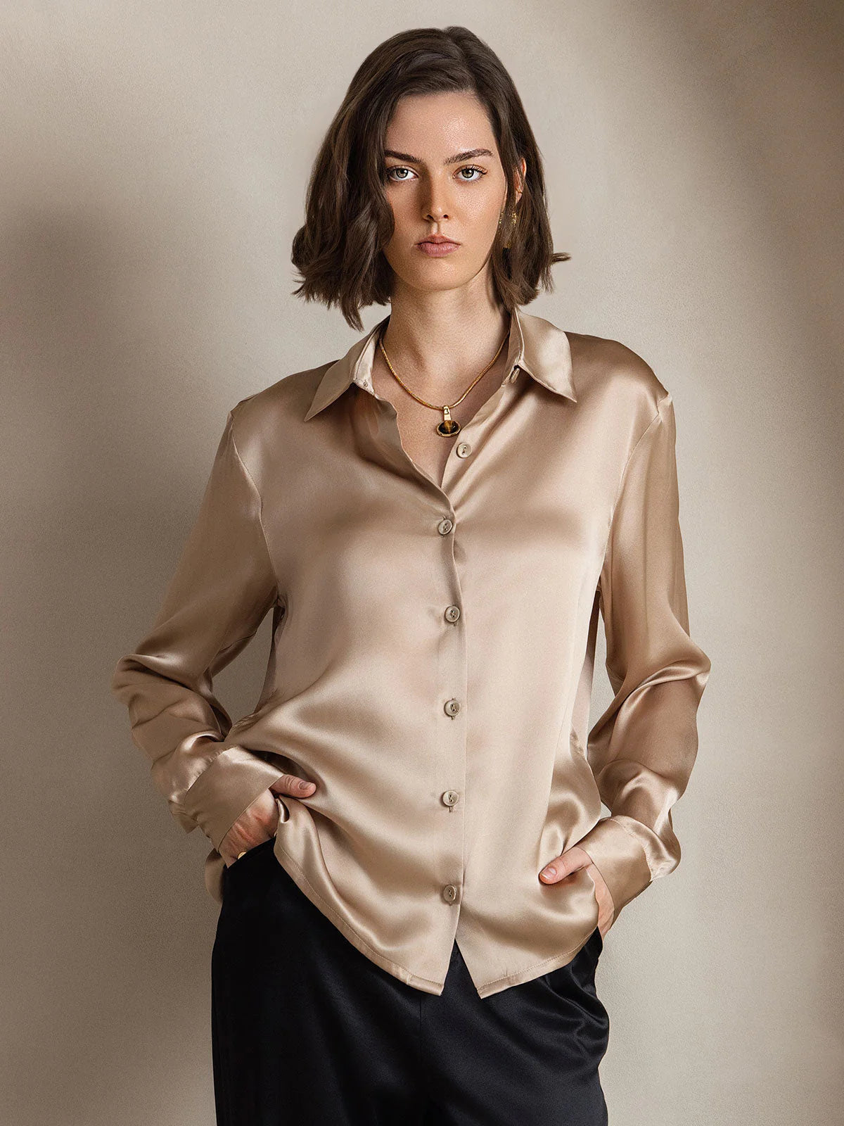 Champagne Silk Long Sleeve Lapel Collar Women's Shirt