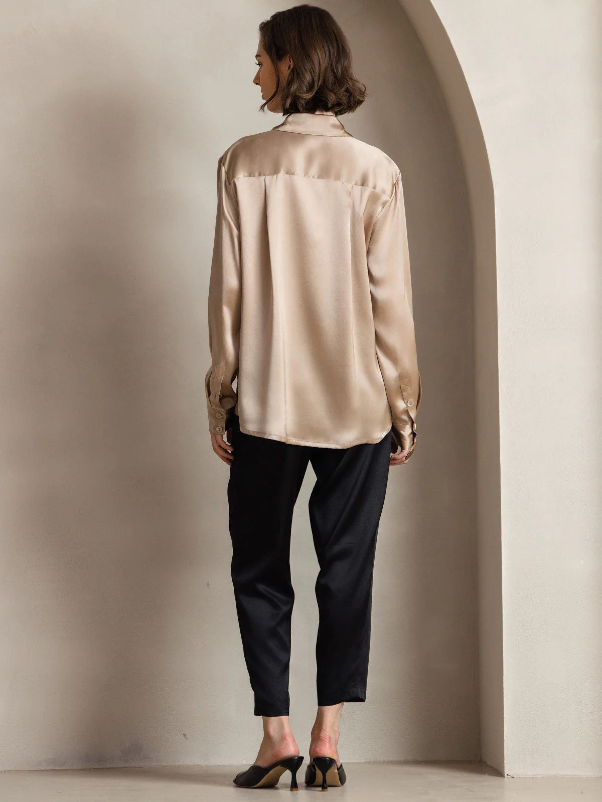 Champagne Silk Long Sleeve Lapel Collar Women's Shirt