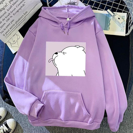 Light Purple Ice Bear Printed Winter Fleece Full Seeves Hoodie For Women