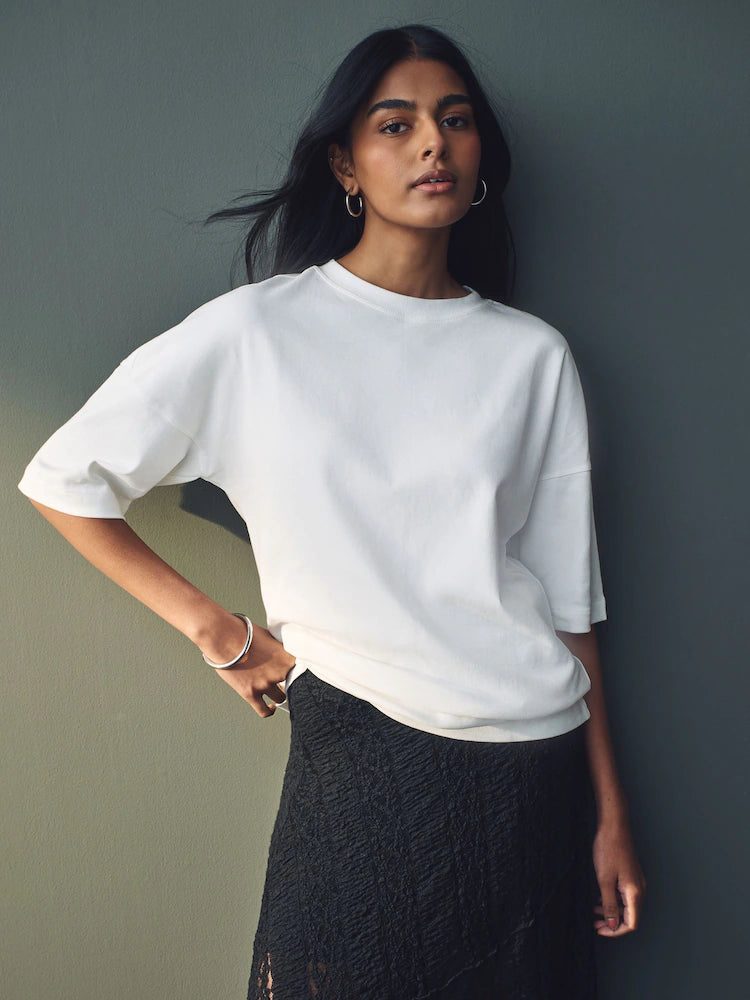 White Cotton Relaxed Fit Oversized T-Shirt For Women's