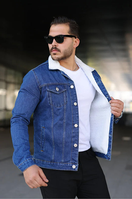 Premium Blue Denim Jacket with White Fur Lining