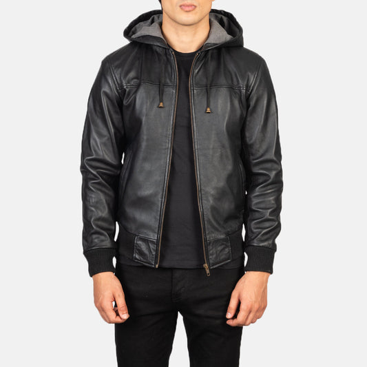 Ace Black Hooded Leather Bomber Jacket