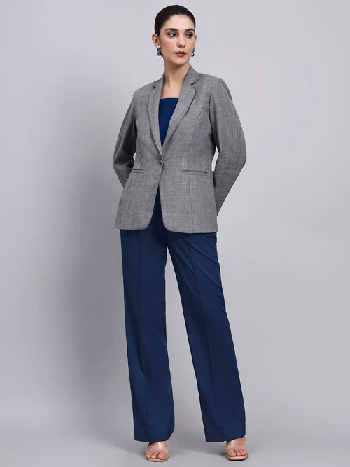 Women grey blazer suit with navy blue pants front view formal outfit Pakistan