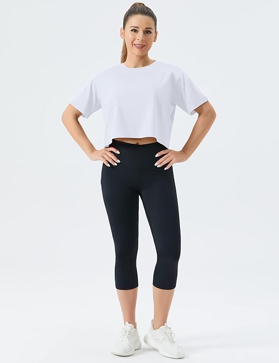 Women's Workout Crop Top T-Shirt Yoga Running Cropped Basic Tee White