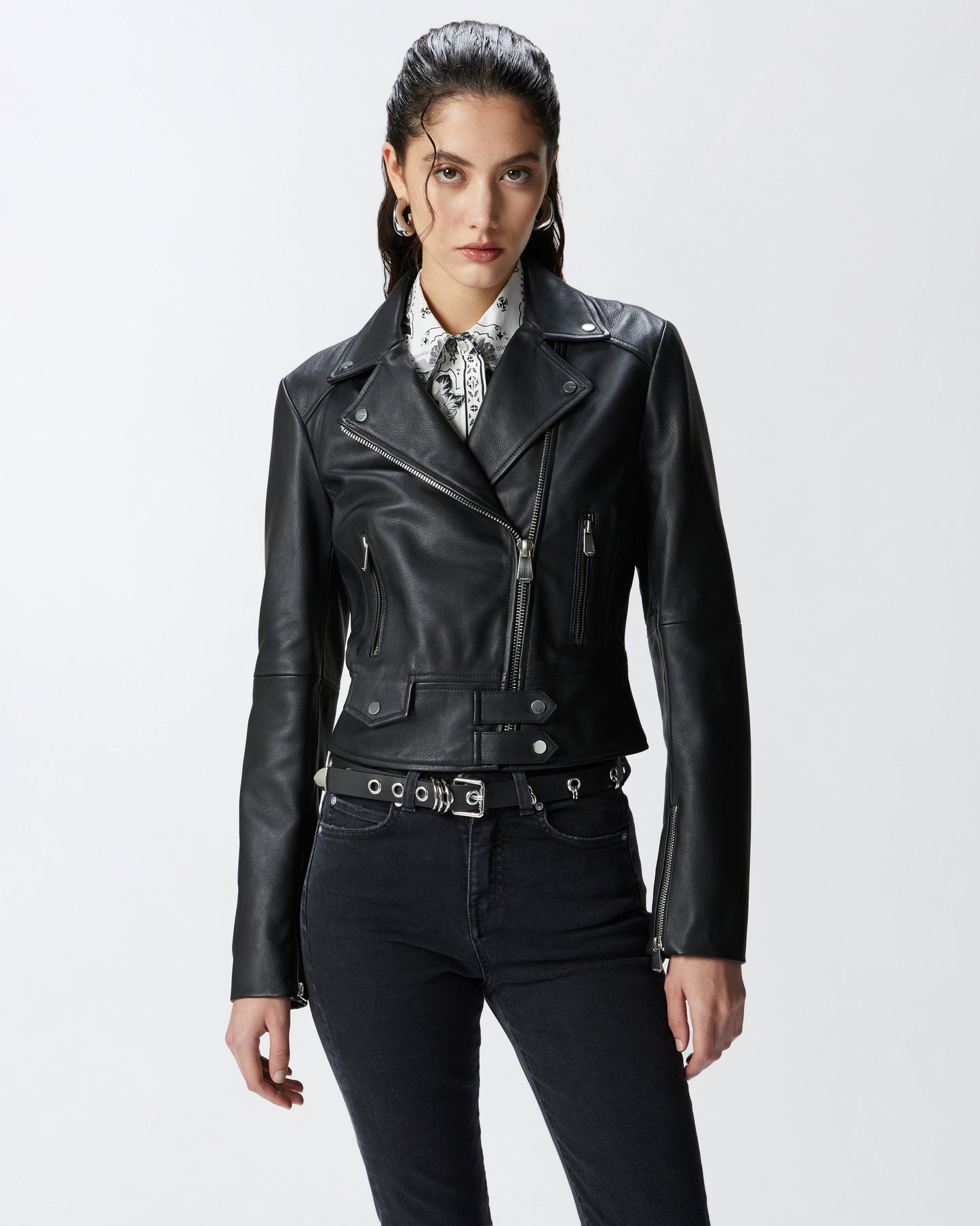 Cropped Leather Biker Jacket in Nappa