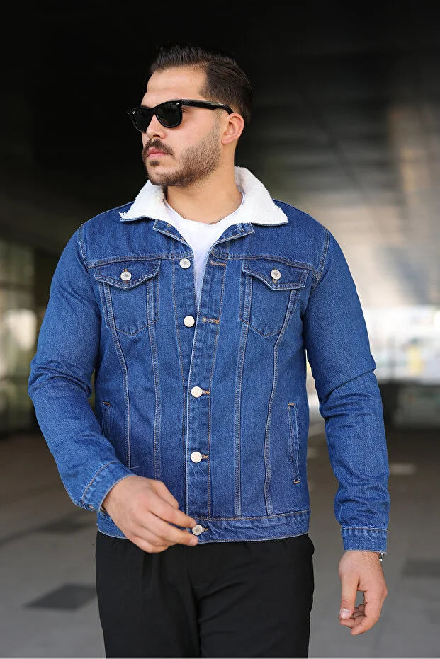 Premium Blue Denim Jacket with White Fur Lining
