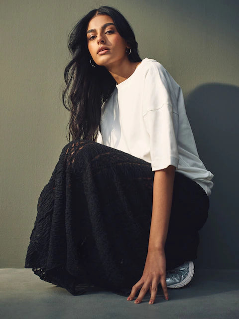 White Cotton Relaxed Fit Oversized T-Shirt For Women's