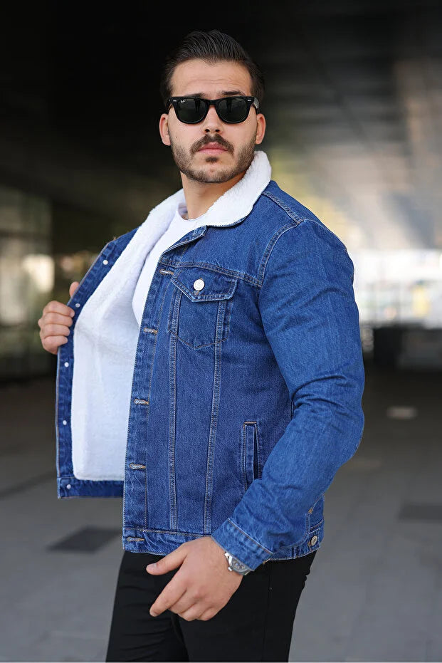 Premium Blue Denim Jacket with White Fur Lining