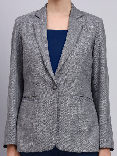 Close up fabric women grey blazer suit navy blue pants premium quality stitching