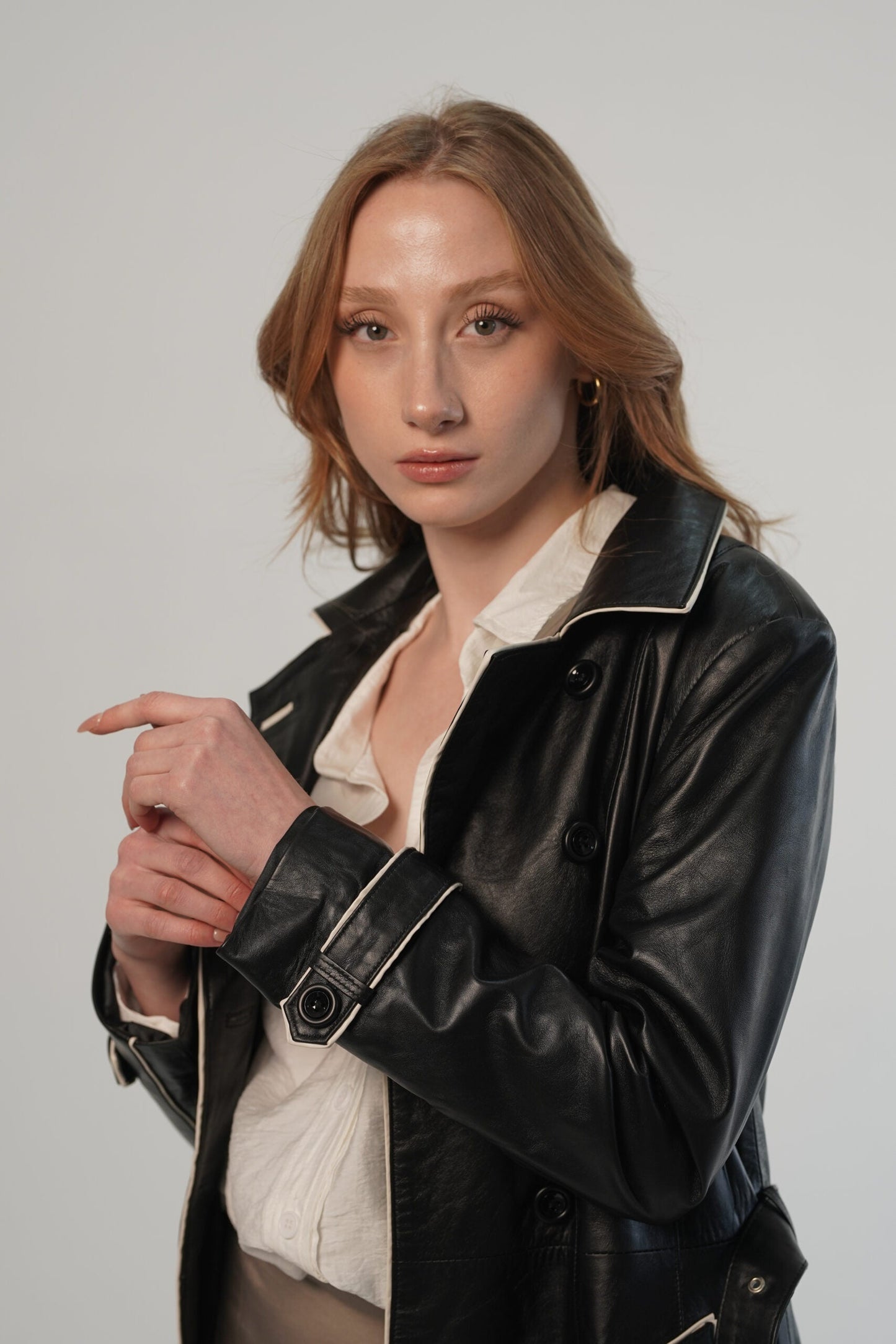 Ella Black White Leather Trench Coat For Women