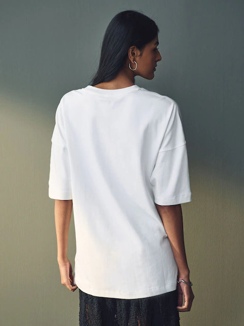 White Cotton Relaxed Fit Oversized T-Shirt For Women's