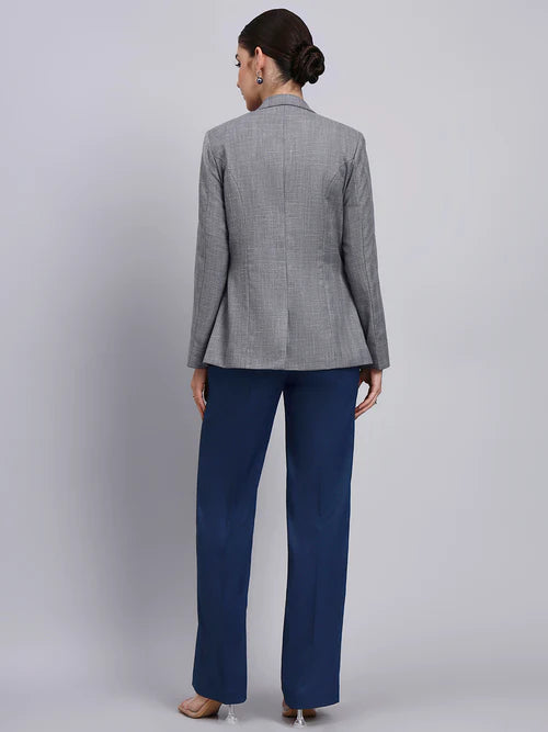 Back view grey blazer set with navy blue pants for women professional outfit