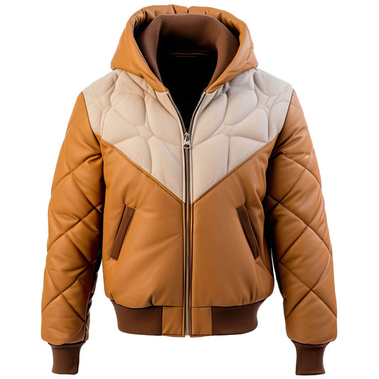 Men's Brown Beige Genuine Sheepskin Hooded Zip-up Puffer Bomber Casual Rib Knit Soft Leather Jacket - Front View - AceCart