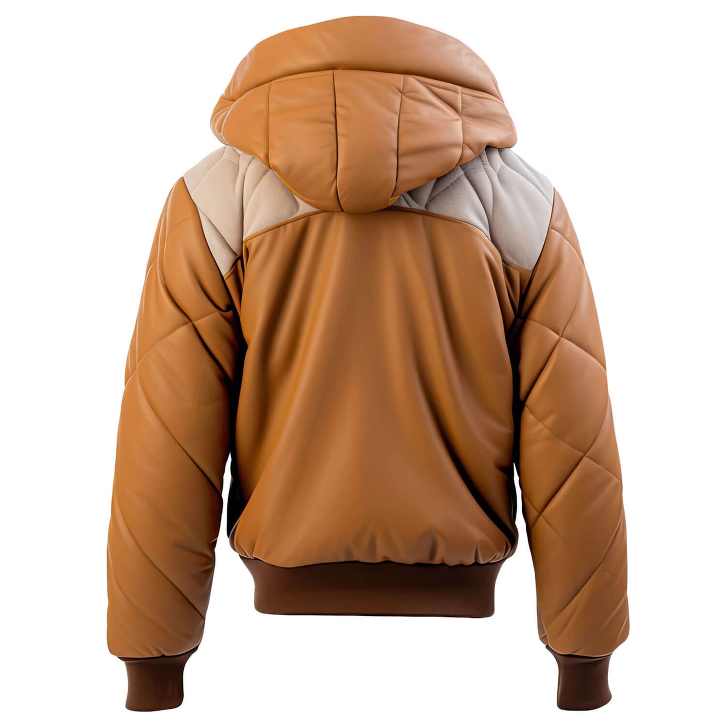 Men's Brown Beige Genuine Sheepskin Hooded Zip-up Puffer Bomber Casual Rib Knit Soft Leather Jacket - Back View - AceCart