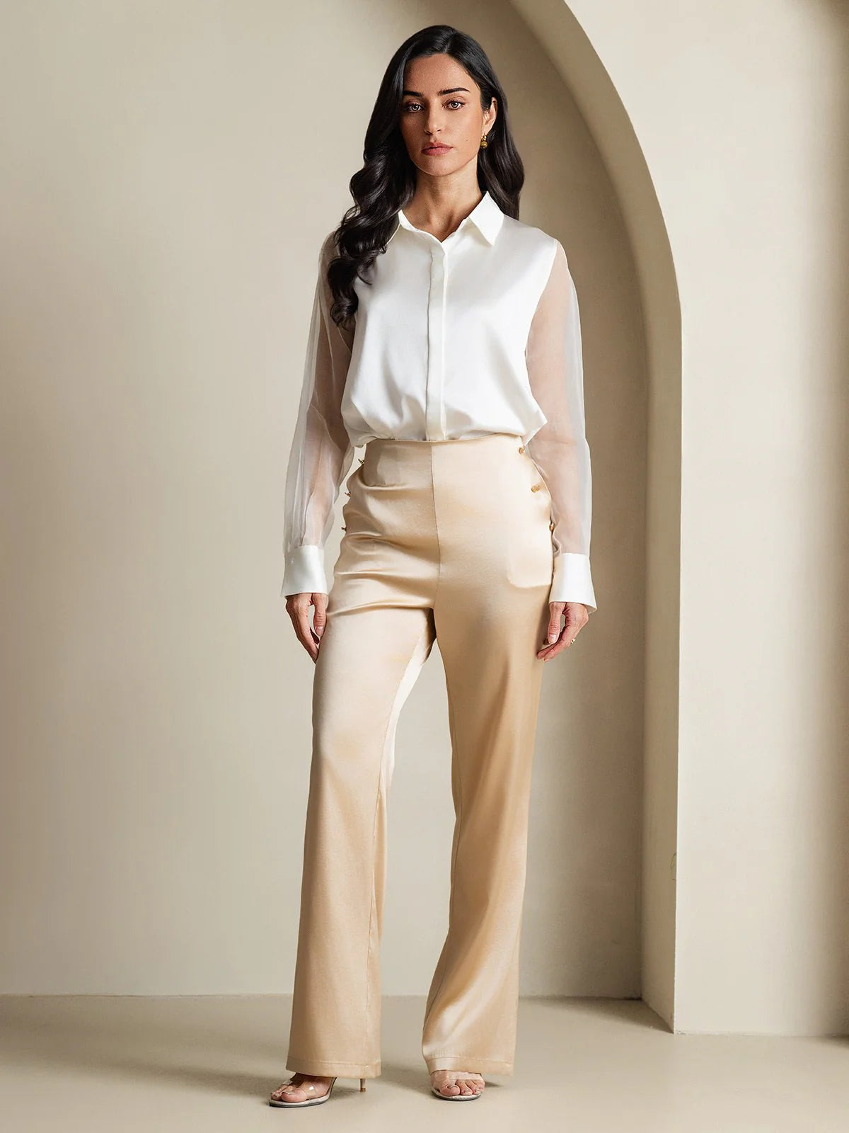 Women's Silk Shirt With Sheer Sleeve